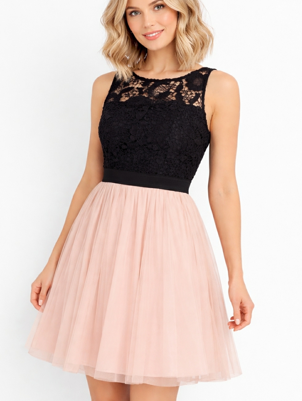 Tulle Mini Cocktail Dress Crochet Lace Prom Peach Black Size XL